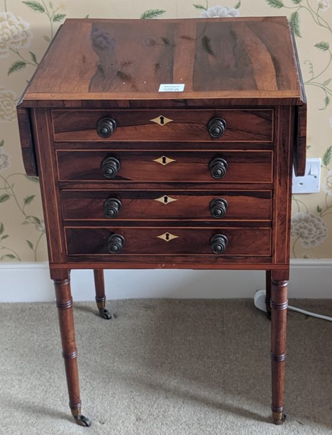 A Regency rosewood four drawer work table, W.1ft 6.5in. D.1ft 4.5in. H.2ft 4in.